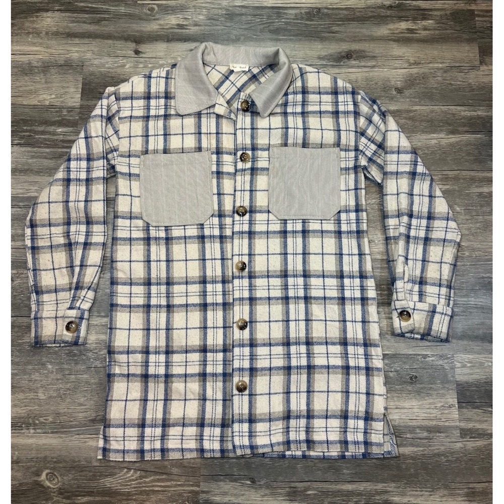 Hem & Thread Plaid‎ Shacket Women's Small Boxy Button Front Corduroy Trim
